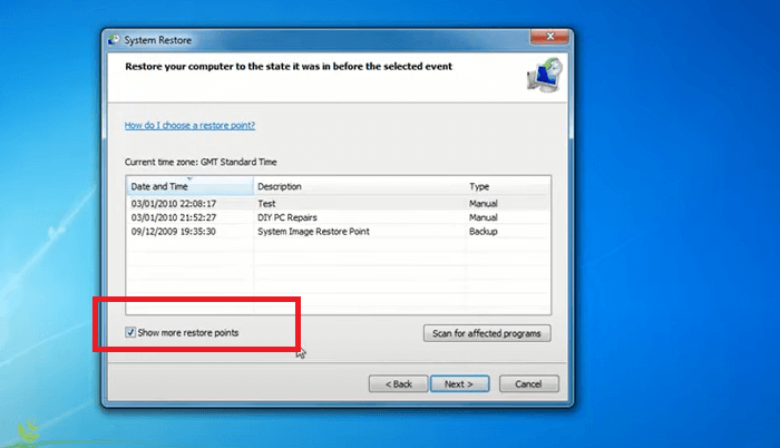 klik meer herstelpunt weergeven