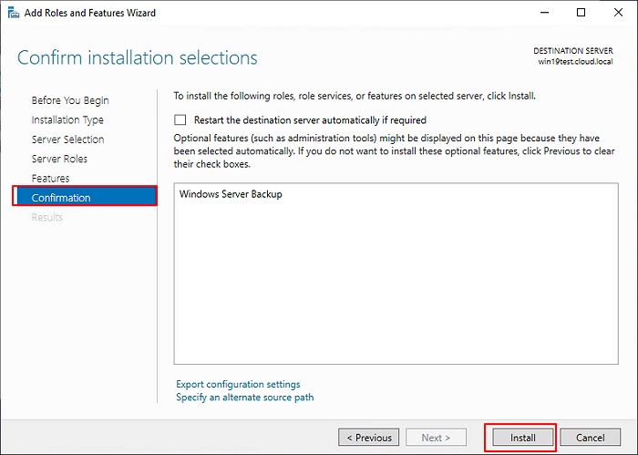 Bevestig om Windows Server Backup te installeren