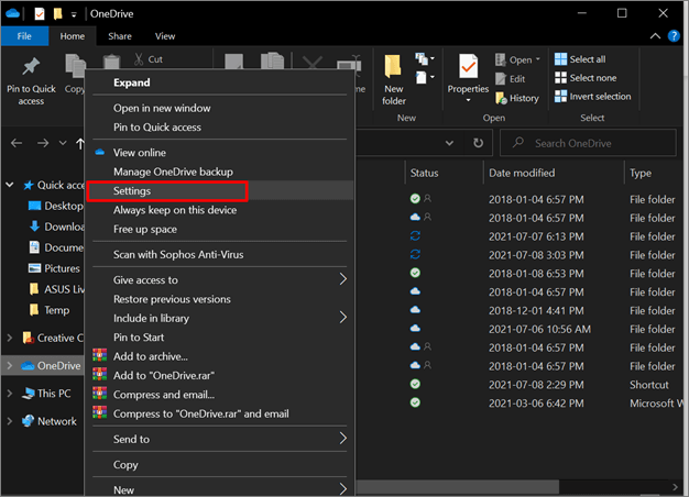 onedrive-instellingen