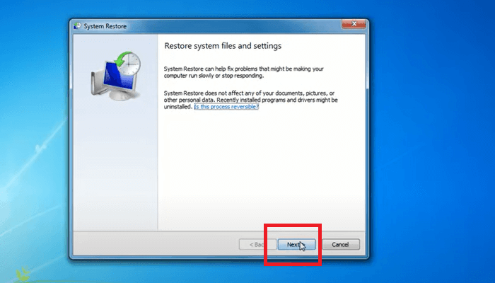 open systeemherstel en klik op volgende