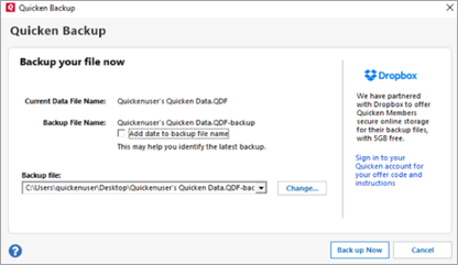 quicken backup venster