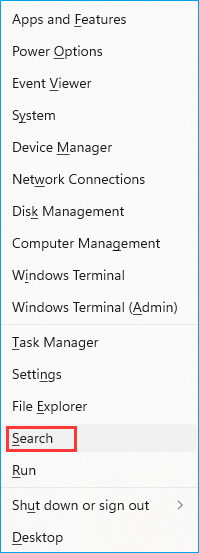 Ga naar het startmenu met de rechtermuisknop en klik op Zoeken