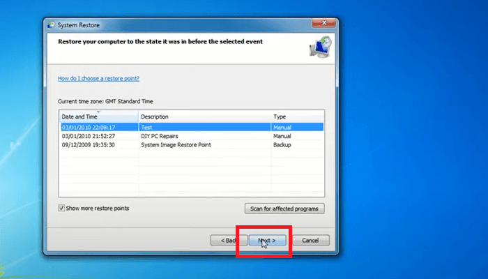 selecteer systeemherstel en klik op volgende