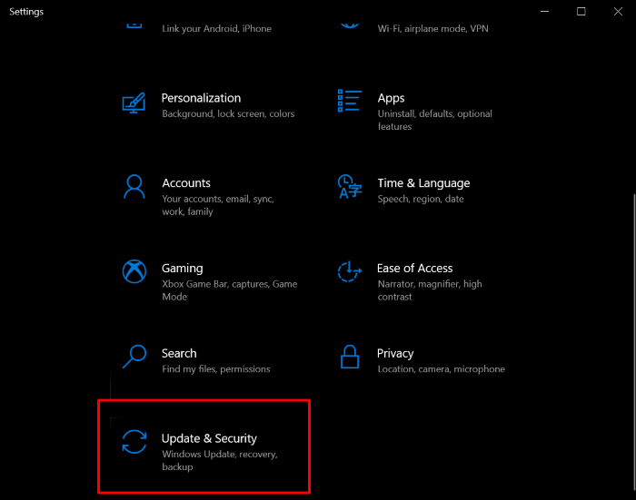 selecteer update en beveiliging