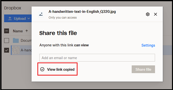 bekijk link gekopieerd in dropbox
