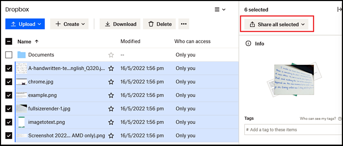 selecteer alle bestanden in dropbox