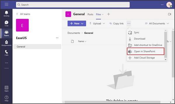 selecteer openen in sharepoint-optie