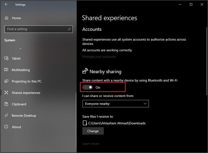 optie voor delen in de buurt inschakelen