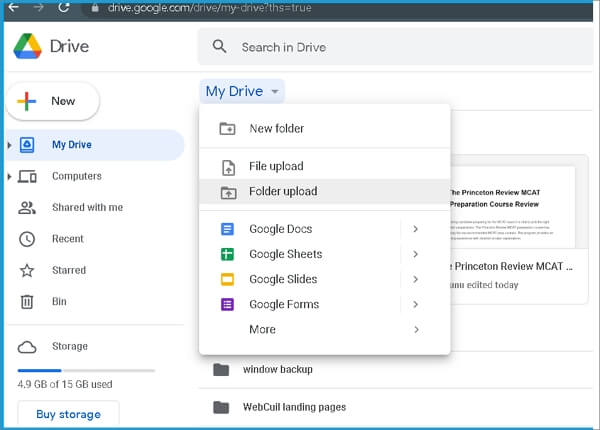 upload de gedownloade map of bestanden naar Google Drive