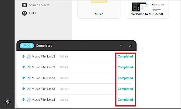 mega zal bestanden uploaden en informeren