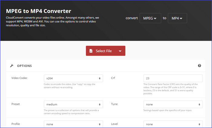 Cloudconvert - gratis mpeg naar mp4 converter