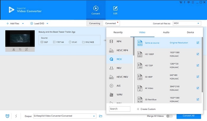 selecteer opties voor het converteren van 3GP naar mov keepvid