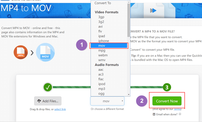 Converteer MP4 naar MOV met zamzar
