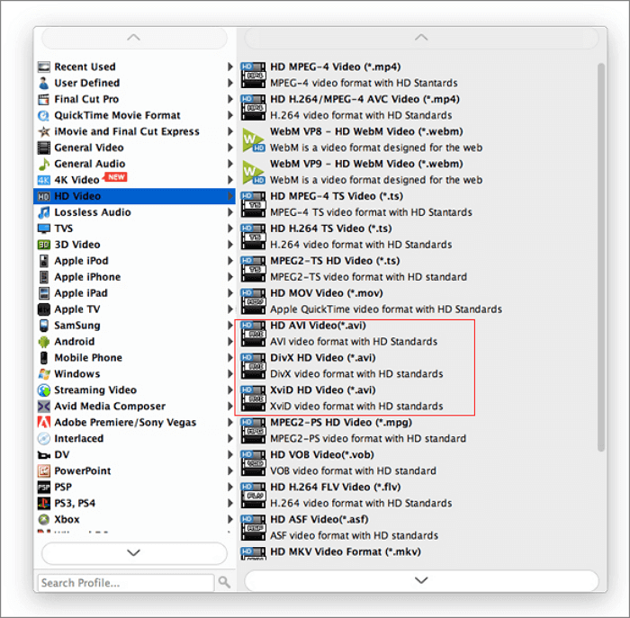 video-omzetter selecteer avi-formaat.