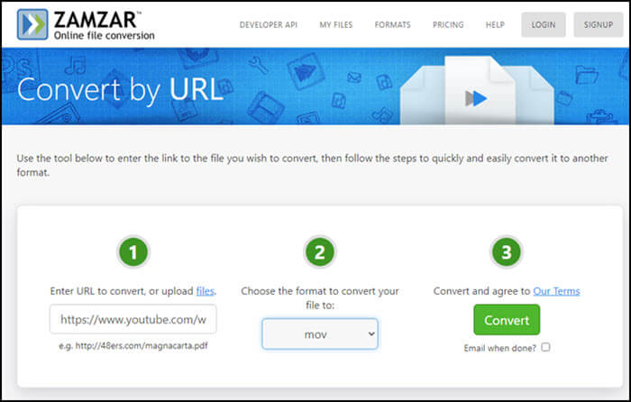 ZamZar naar MOV van YouTube