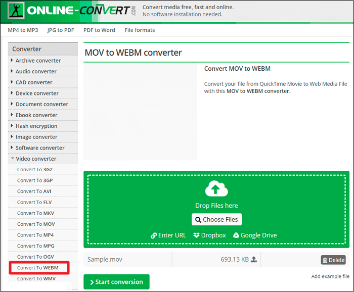Online-converteer MOV naar WebM