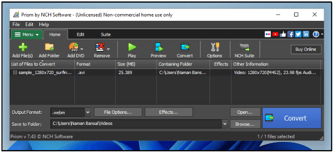 prisma avi naar webm