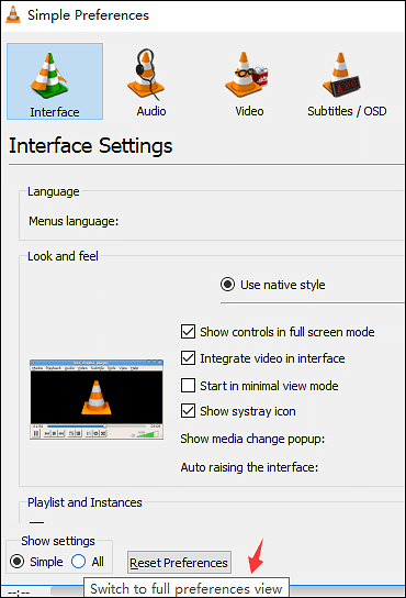 instellingen in vlc media player