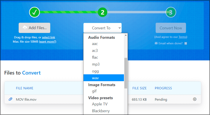 Converteer MOV online naar WAV