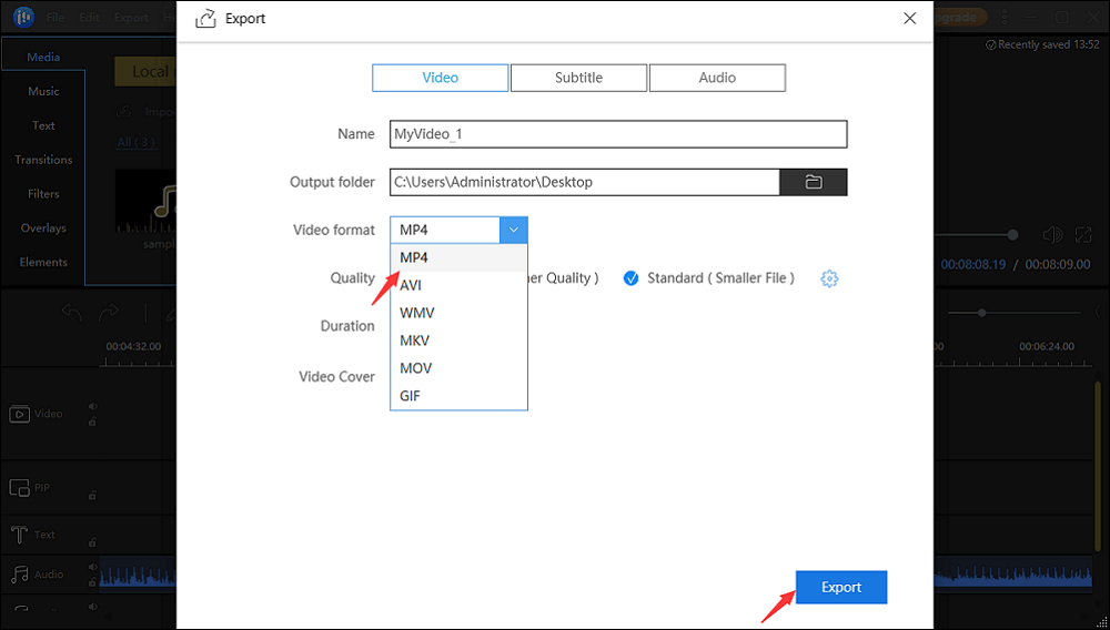 video exporteren als mp4